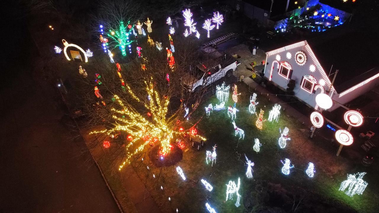 Aerial view of the Silvercrest Illuminations Christmas light display in Tinton Falls, NJ